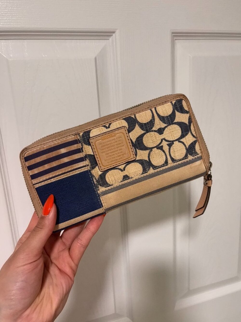 Coach Signature Zip Around Wallet | Patchwork Tan & Navy Designer Wallet
